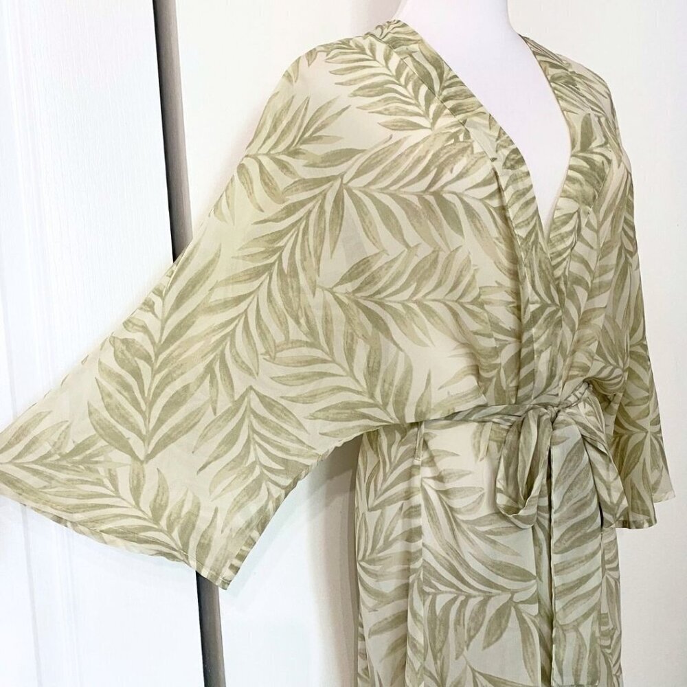 OYSHO WHITE GREEN LEAVES PATTERN SHEER LIGHTWEIGHT BELTED ROBE COVER-UP - M - Picture 5 of 11